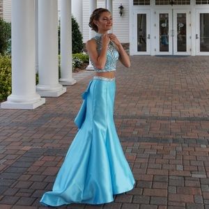 Two Piece Backless Blue Prom Dress